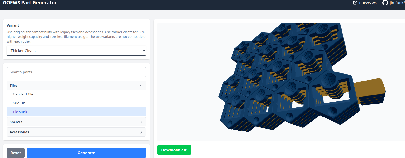 GOEWS parts generator screenshot showing the tile stack option
